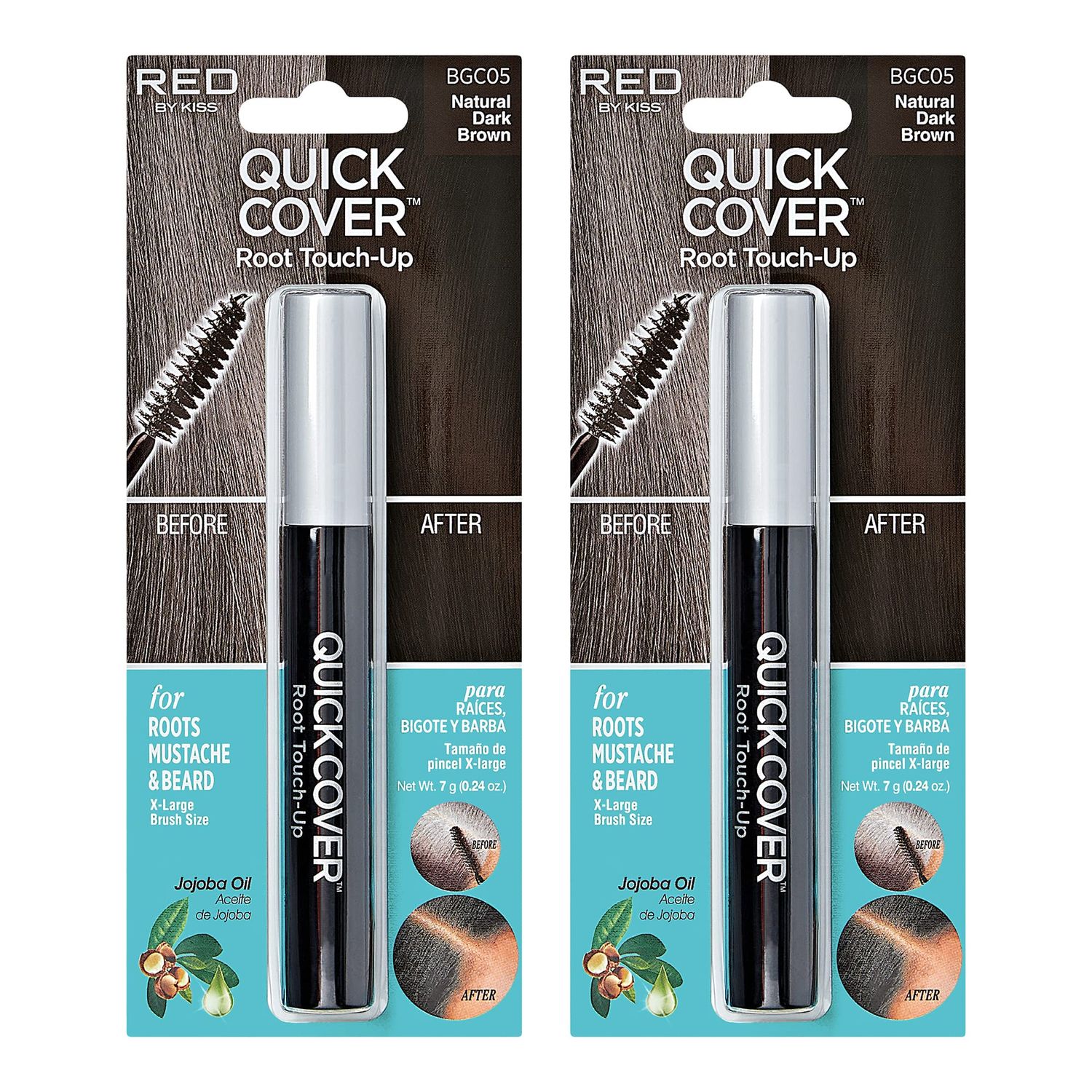 RED by Kiss Quick Cover Root Touch Up Rescue, Mascara Natural Water-Resistant Temporary Gray Concealer Cover Up Brush for Hair Mustache &amp; Beard (Natural Dark Brown) (2Pcs)
