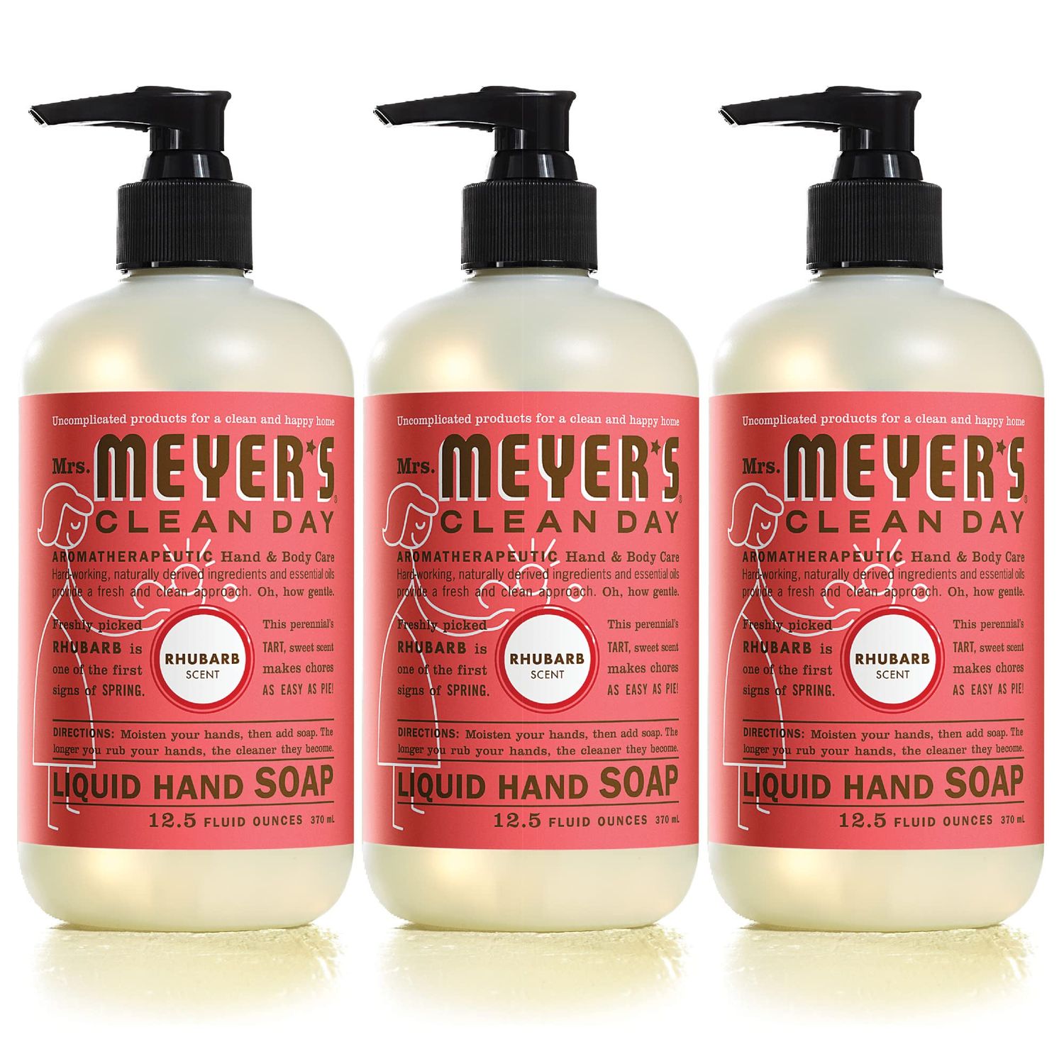 MRS. MEYER&#39;S CLEAN DAY Hand Soap, Made with Essential Oils, Biodegradable Formula, Rhubarb, 12.5 Fl. Oz - Pack of 3