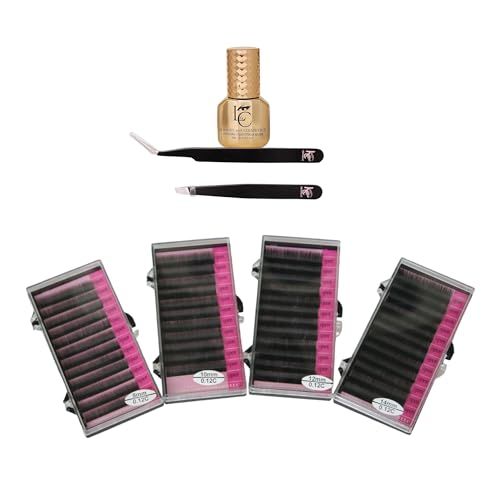 Eyelash Extensions C Curl 8-14mm Mixed Flat Eyelash Extension 4 Pack Kit With Dual Pack Tweezers and Eyelash Black Glue, supplies Individual Eyelashes Salon Use Black Mink False Lashes