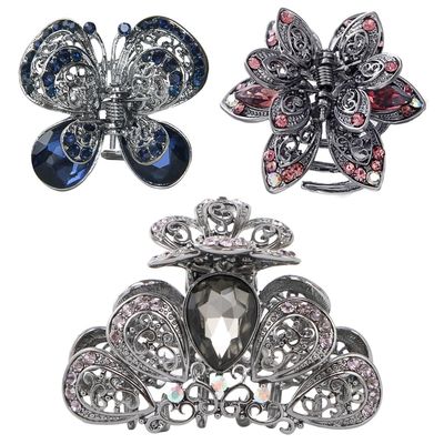 kilofly 3pc Women&#39;s Rhinestone Crystal Faux Hair Clip Claw Barrettes Value Pack