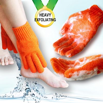 MIG4U Exfoliating Shower Gloves for Bath, Premium Nylon Body Wash Bathing Gloves for Men Women Spa, Massage and Skin Scrub, Dead Skin Remover with Hanging Loop, Orange, Regular Size