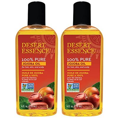 Desert Essence 100% Pure Jojoba Oil - 4 Fl Oz - Pack of 2 - Haircare &amp; Skincare Essential Oil - All Skin Types - No Oily Residue - May Help Prevent Flakiness - Makeup Remover - Aftershave Moisturizer