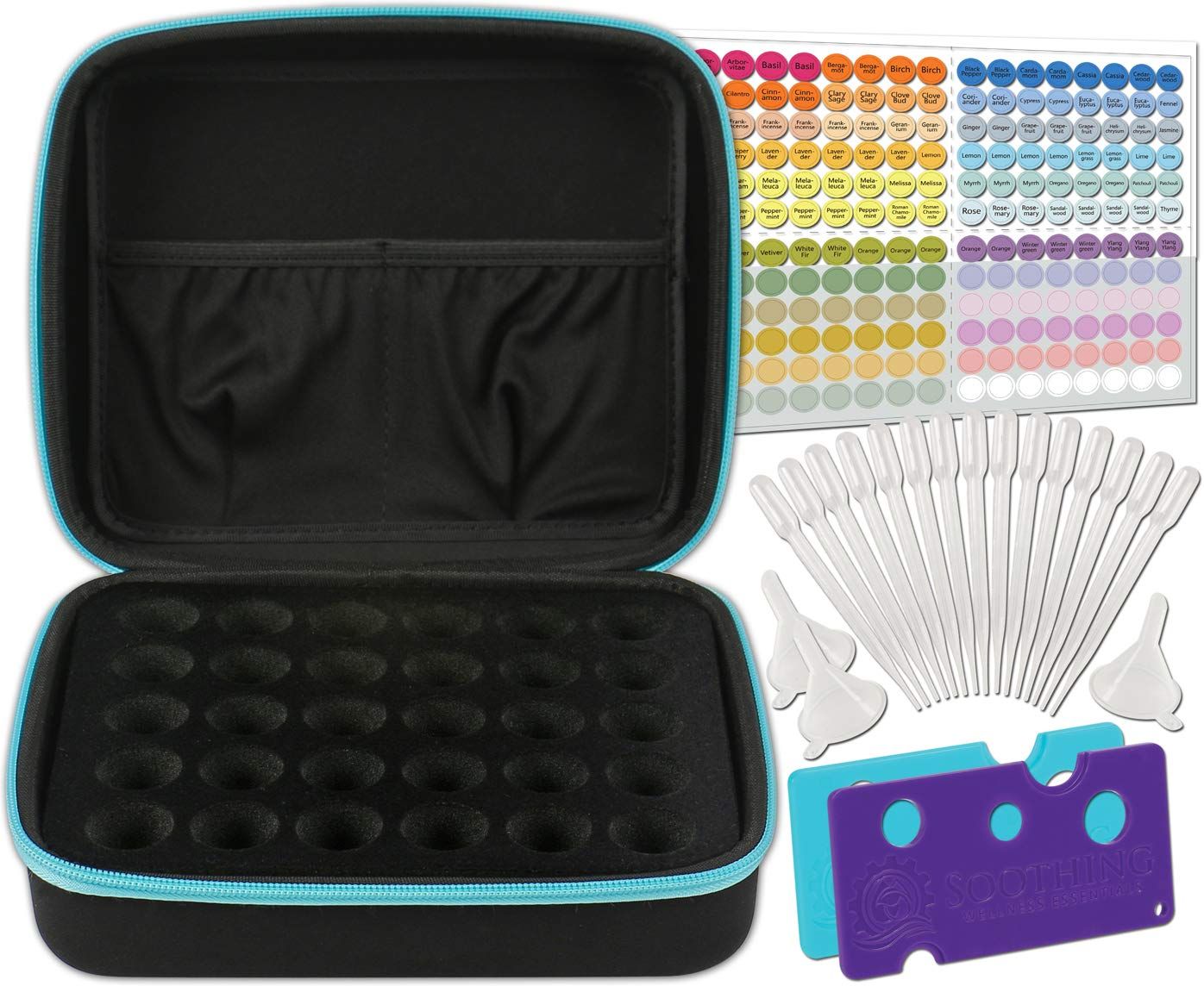 Essential Oils Carrying Case for 5ml, 10ml and 15ml Bottles - Hard Shell Exterior Storage Organizer Holds doTerra and Endless Others by Soothing Wellness Essentials (Caribbean Blue, 30 Oils)