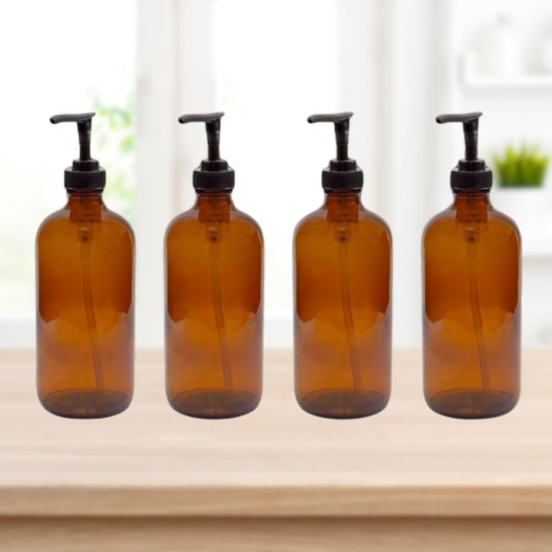 Cornucopia 8oz Glass Pump Bottles (4-Pack, Amber Brown), Lotion Soap Dispensers w/Black Plastic Pumps