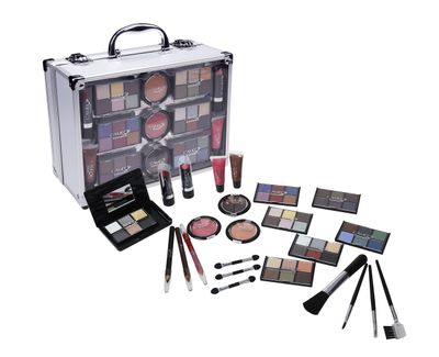 Cameo Carry All Trunk Makeup Kit with Reusable Aluminum Case Exclusive Holiday Gift Set, Black/White