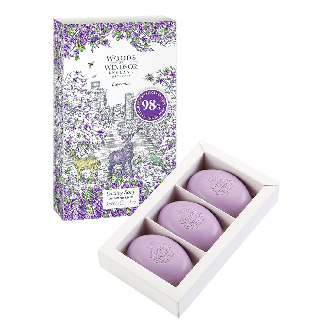 Woods of Windsor Lavender Soap Bars, Moisturizing Soap Bar with Shea Butter, Vegetable Based Fine Milled Soap with Notes of Patchouli and Musk, Hand and Body Soap, Lavender Scent 3 x 60g