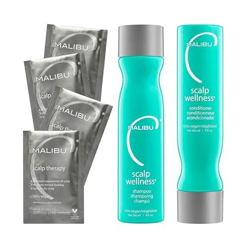 Malibu C Scalp Wellness Collection - Soothing Shampoo and Conditioner Hair Care Set for Dry Scalp - Formulated with Vitamin C Antioxidant Complex - Travel Size Scalp Remedy Packets Included (33.8 oz)
