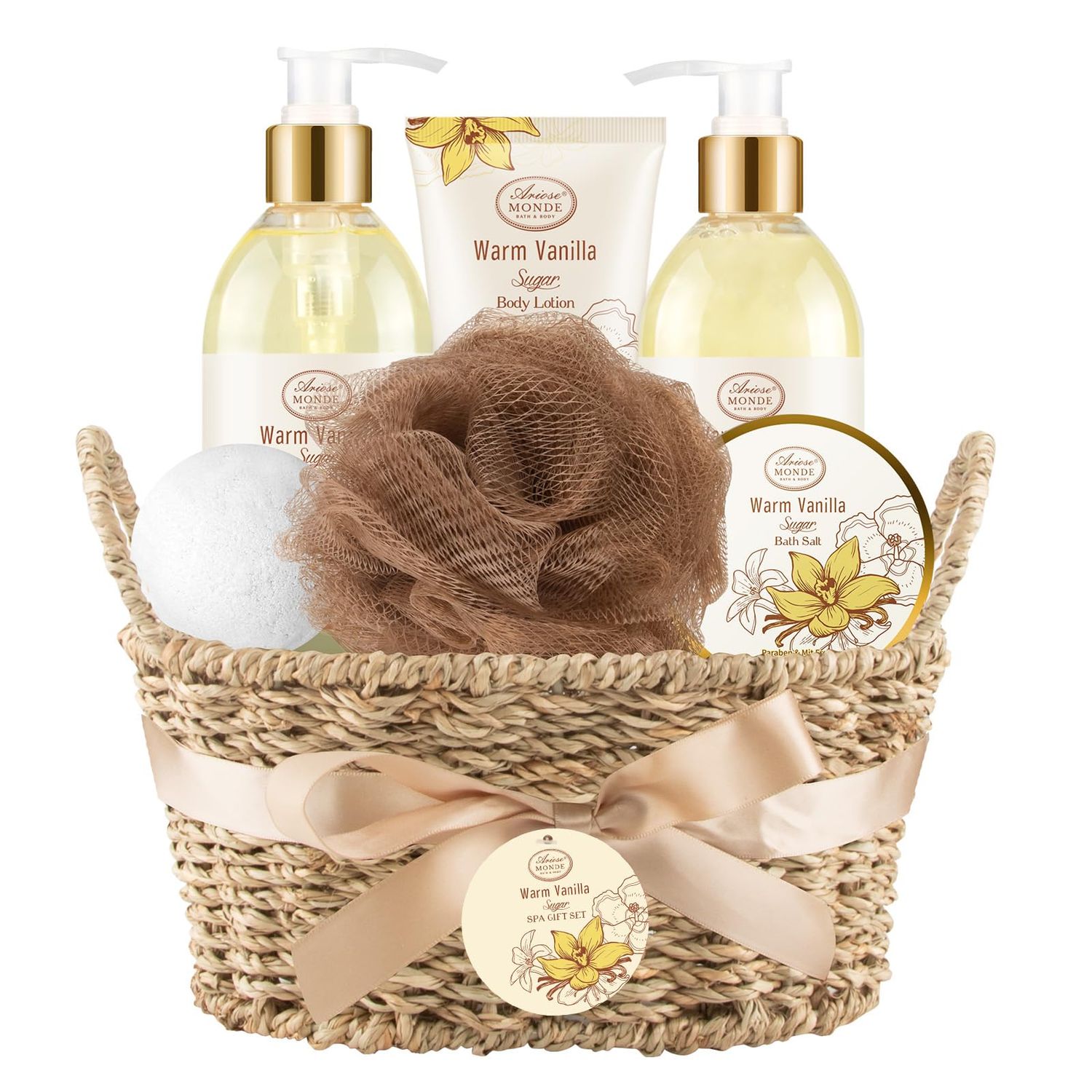 Bath and Body Warm Vanilla Sugar Spa Gifts for Women, Bath Gift Set with Shower Gel, Bubble Bath, Body Lotion, Bath Bomb, Bath Salt, Spa Basket Gift Set for Women, 7pcs Set Gifts for Women