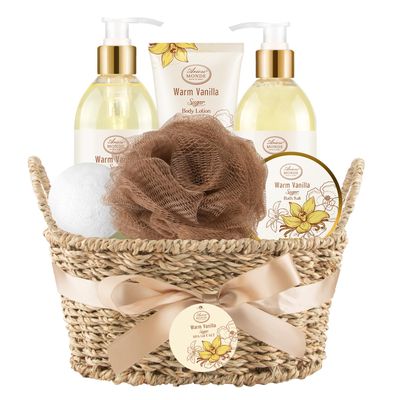 Bath and Body Warm Vanilla Sugar Spa Gifts for Women, Bath Gift Set with Shower Gel, Bubble Bath, Body Lotion, Bath Bomb, Bath Salt, Spa Basket Gift Set for Women, 7pcs Set Gifts for Women
