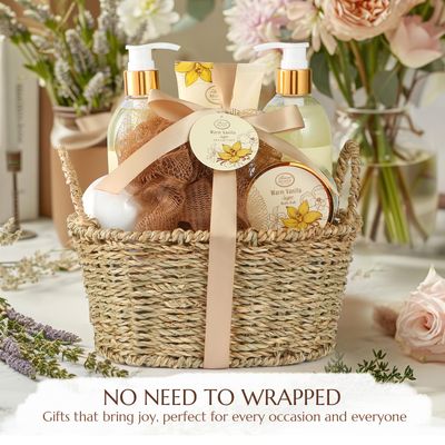 Bath and Body Warm Vanilla Sugar Spa Gifts for Women, Bath Gift Set with Shower Gel, Bubble Bath, Body Lotion, Bath Bomb, Bath Salt, Spa Basket Gift Set for Women, 7pcs Set Gifts for Women