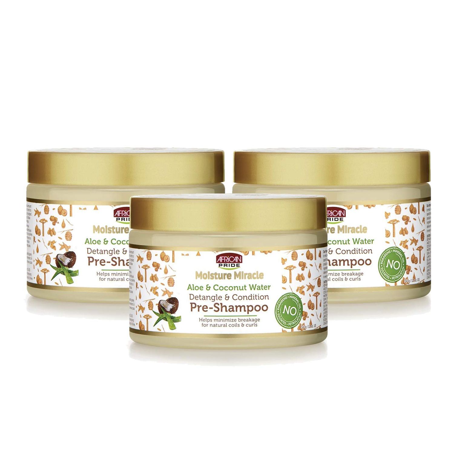 African Pride Moisture Miracle Aloe &amp; Coconut Water Pre-Shampoo - Helps Minimize Breakage for Natural Coils &amp; Curls, Detangles &amp; Conditions, 12 oz (3 Pack)