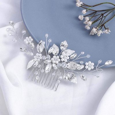 Gorais Leaf Bride Wedding Hair Comb Pearl Bridal Hair Piece Crystal Side Comb Hair Accessories for Women and Girls (A-Silver)