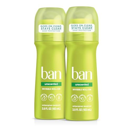 Ban Invisible Roll-on Antiperspirant Deodorant for Women and Men, 24-hour Underarm Odor &amp; Sweat Protection, Unscented, 3.5 Oz, Pack of 2