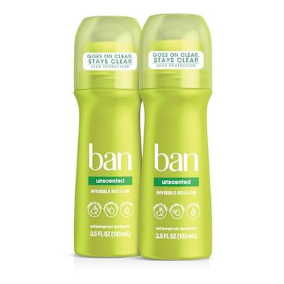 Ban Invisible Roll-on Antiperspirant Deodorant for Women and Men, 24-hour Underarm Odor &amp; Sweat Protection, Unscented, 3.5 Oz, Pack of 2