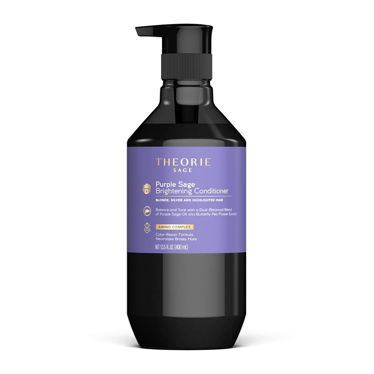 Theorie Purple Sage Brightening Conditioner for Blonde, Bleached, Silver, and Grey Hair - Eliminates Brassiness &amp; Yellows | Infused with Argan, Marula, and Grape Seed Oil - 400mL