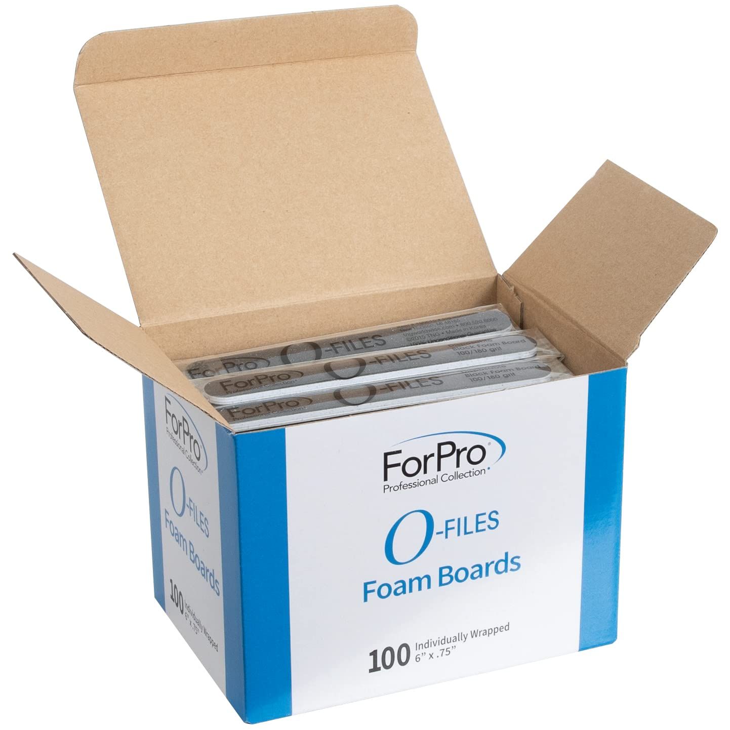 ForPro Professional Collection O-Files Foam Board, Double-Sided Manicure Nail File, 100/180 Grit, Individually-Wrapped, 6 L x .75 W, Black, 100-Count