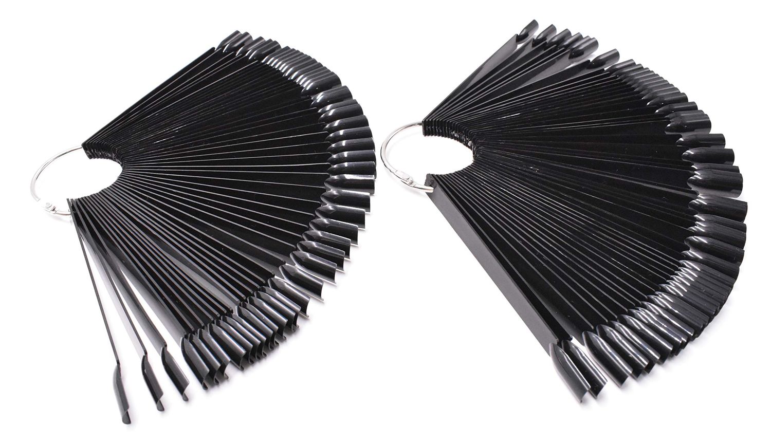 2 Sets 100 Tips Fan Shape Plastic Nail Art Tips Display Polish Board Display Practice Sticks with Metal Split Ring Holder (Black)