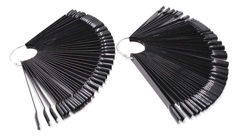 2 Sets 100 Tips Fan Shape Plastic Nail Art Tips Display Polish Board Display Practice Sticks with Metal Split Ring Holder (Black)