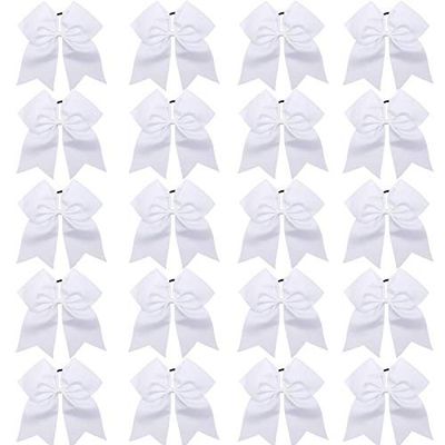 Hipcheer 20pcs 8&quot; Large White Cheer Bows for Girls, Hand-made Grosgrain Ribbon Hair Accessories for Teen Girls Softball Cheerleader Sports (White)