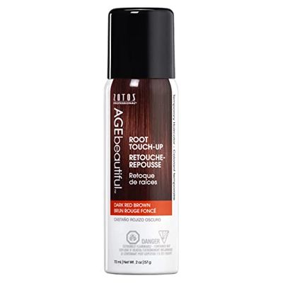 AGE beautiful Root Touch Up Hair Color Spray | Touch-Up Gray Concealer | Temporary Cover Up | Adds Volume &amp; Covers Thinning Patches | Water, Sweat, Stain Resistant | Dark Red Brown | 2 Fl Oz