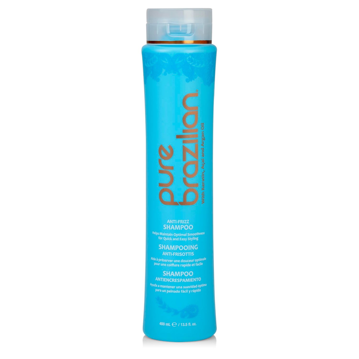 Pure Brazilian Anti-Frizz Daily Shampoo, Salt-Free, Color Safe, with Keratin, Argan Oil &amp; Acai for Prolonged Treatment &amp; Smooth Hair, 13.5 O
