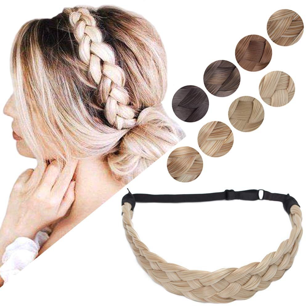 Hairro Braided Headband Wide Chunky Plaited Synthetic Hairpiece - Elastic Stretch Hairband with 5 Strands Fake Hair Braids for Women #18/613 Blonde 50g