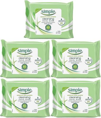 Simple Kind To Skin Cleansing Facial Wipes, Travel Pack, 7-Count (Pack of 5)