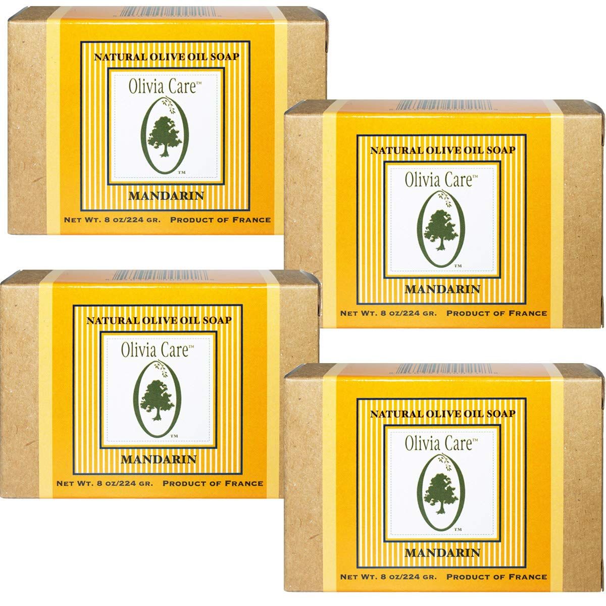 Olivia Care Premium Mandarin Bath &amp; Body Bar Soap Organic, Vegan &amp; Natural Olive Oil Repairs, Hydrates, Moisturizes &amp; Deep Cleans Vitamin C Good for Sensitive Dry Skin Made in USA 8 OZ - (4 PACK)