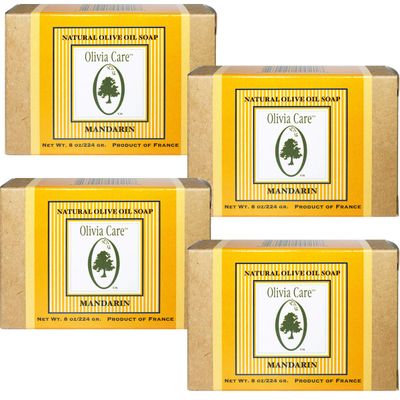 Olivia Care Premium Mandarin Bath &amp; Body Bar Soap Organic, Vegan &amp; Natural Olive Oil Repairs, Hydrates, Moisturizes &amp; Deep Cleans Vitamin C Good for Sensitive Dry Skin Made in USA 8 OZ - (4 PACK)