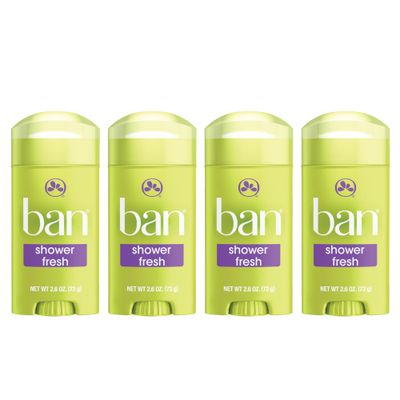 Ban Invisible Solid Antiperspirant Deodorant for Women and Men, 24-Hour Underarm Odor &amp; Sweat Protection, Shower Fresh, 2.6 Oz, Pack of 4
