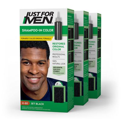 Just For Men ShampooIn Color, Hair Color for Men with Keratin and Vitamin E for Stronger Hair, Restores Natural Hair Color, Jet Black , H-60, Pack of 3