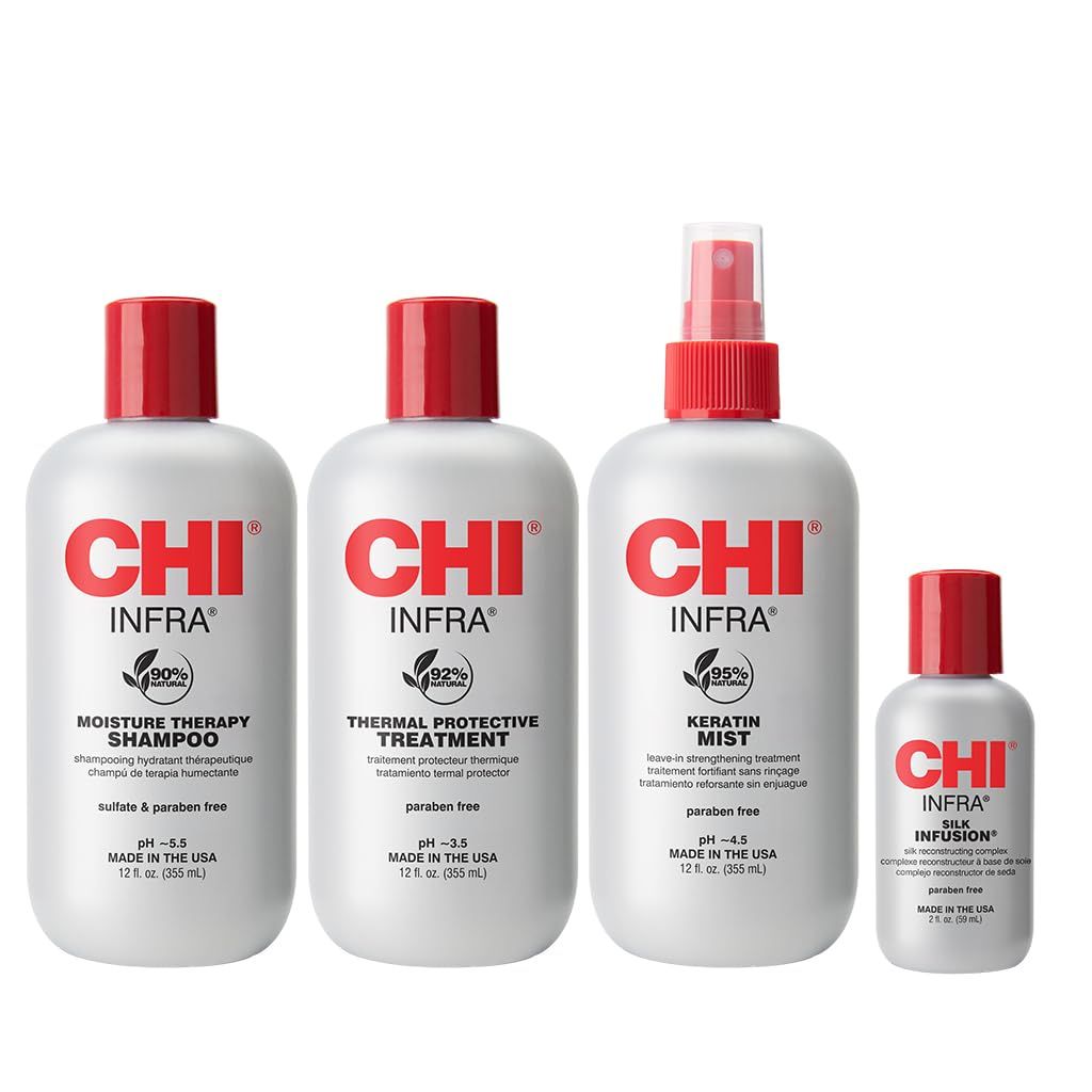 CHI Home Stylist Kit, 12 Oz Infra Shampoo, 12 Oz Treatment, 12 Oz Keratin Mist &amp; 2 Oz Silk Infusion, Sulfate, Paraben, &amp; Cruelty-Free, 4 Products