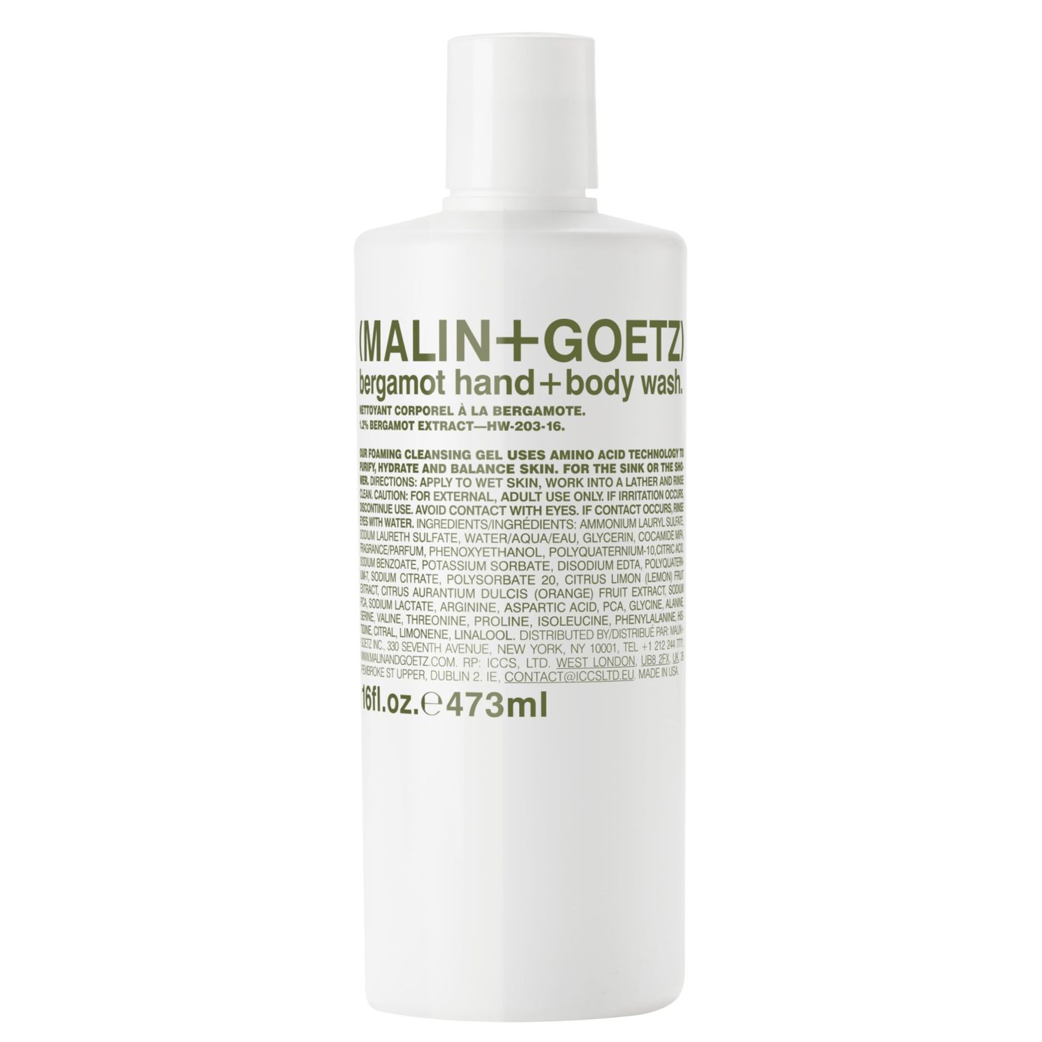 Malin + Goetz Bergamot Hand &amp; Body Wash, 16 Fl. Oz. - Men &amp; Women Natural Body Wash For All Skin Types, Foaming Hydrating Cleansing Gel, Cruelty-Free &amp; Vegan