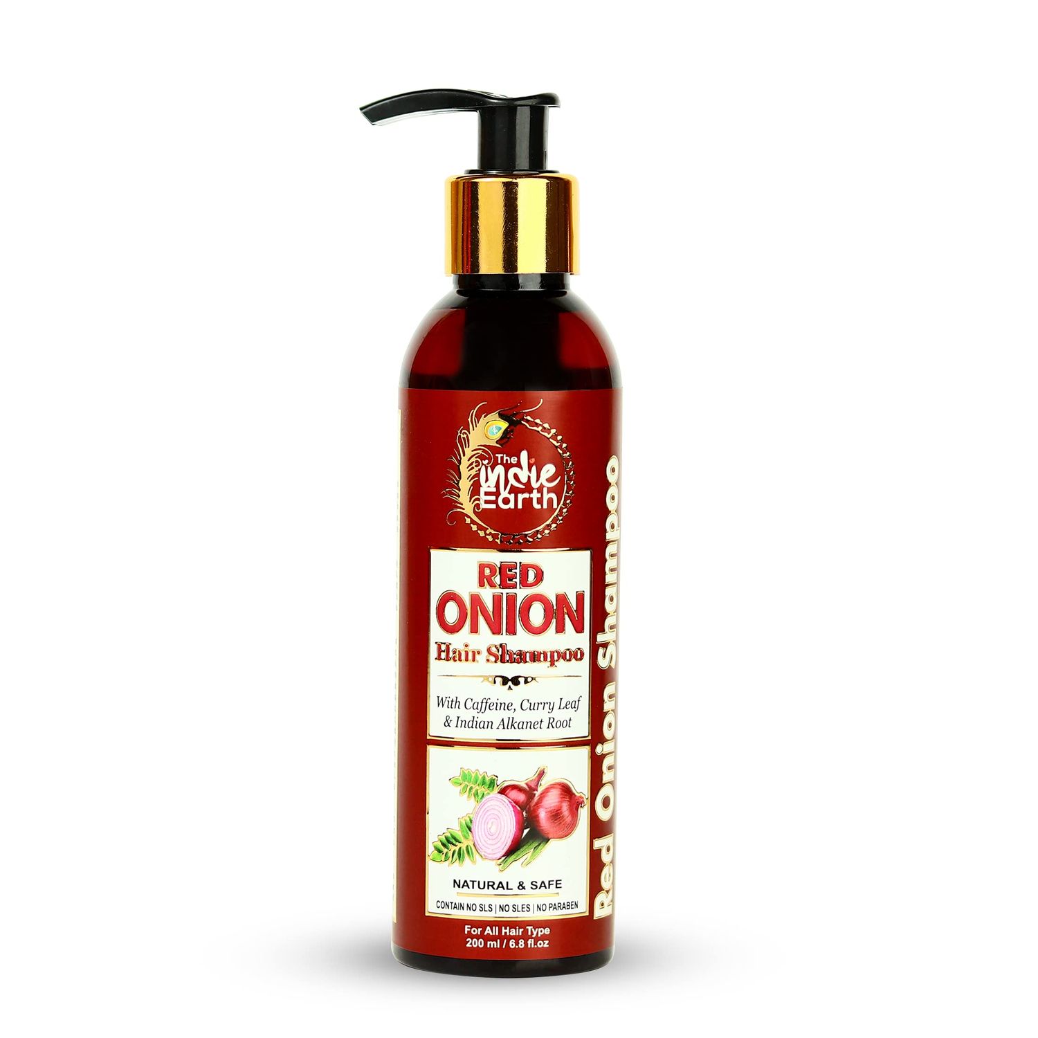 Red Onion Shampoo with Caffeine, Curry Leaf, and Indian Alkanet Root - Advanced Formula for Hair Fall Control, Split Ends Repair, and Dandruff Reduction - Gentle &amp; Chemical-Free - 200ml