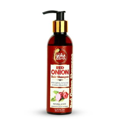 Red Onion Shampoo with Caffeine, Curry Leaf, and Indian Alkanet Root - Advanced Formula for Hair Fall Control, Split Ends Repair, and Dandruff Reduction - Gentle &amp; Chemical-Free - 200ml