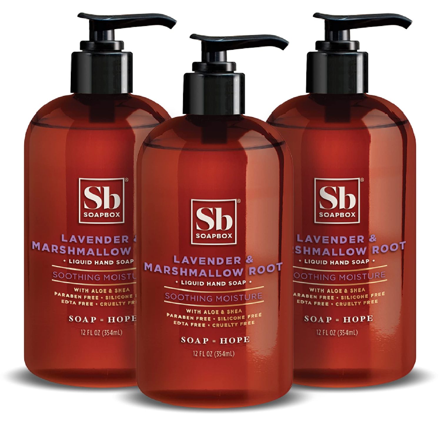 Soapbox Liquid Hand Soap, Lavender &amp; Marshmallow Root - Gentle, Moisturizing Hand Cleanser, Vegan &amp; Cruelty Free Hand Wash for Kitchen and Bathroom, 12oz Pump Bottles (Pack of 3)