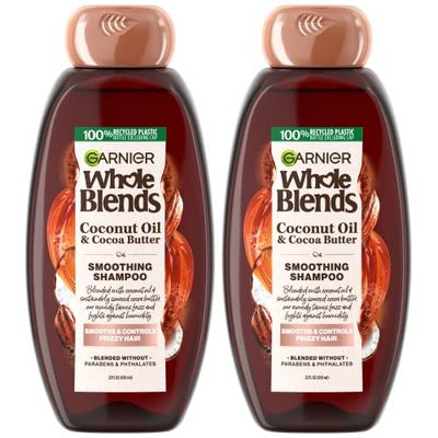 Garnier Whole Blends Coconut Oil &amp; Cocoa Butter Smoothing Shampoo for Frizzy Hair, 22 Fl Oz, 2 Count (Packaging May Vary)
