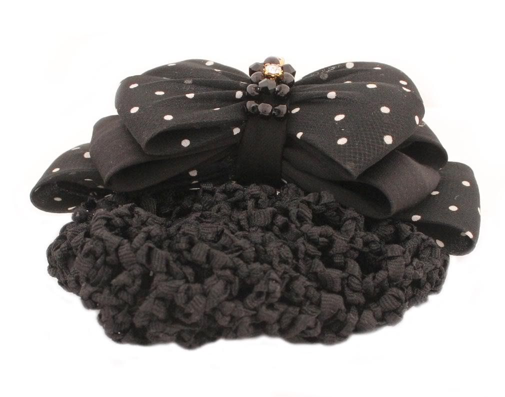 Caravan Tied Beads And Rhinestone Decorates Poka Doted Fabric Bow Barrette And Matching Snood, color may vary