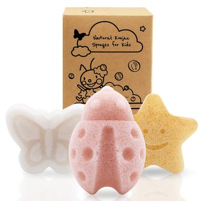 myHomeBody Konjac Baby Sponge for Bathing, Cute Shapes Natural Kids Bath Sponges for Infants, Toddler Bath Time, Natural and Safe Plant-Based Toys, 3pc. Set: Butterfly, Ladybug, Star