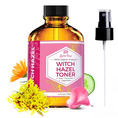 Witch Hazel Alcohol Free Toner by Leven Rose, 100% Pure Organic Facial Rose Water with Rose Petals, Calendula, Cucumber, and Chamomile Flower 4 oz