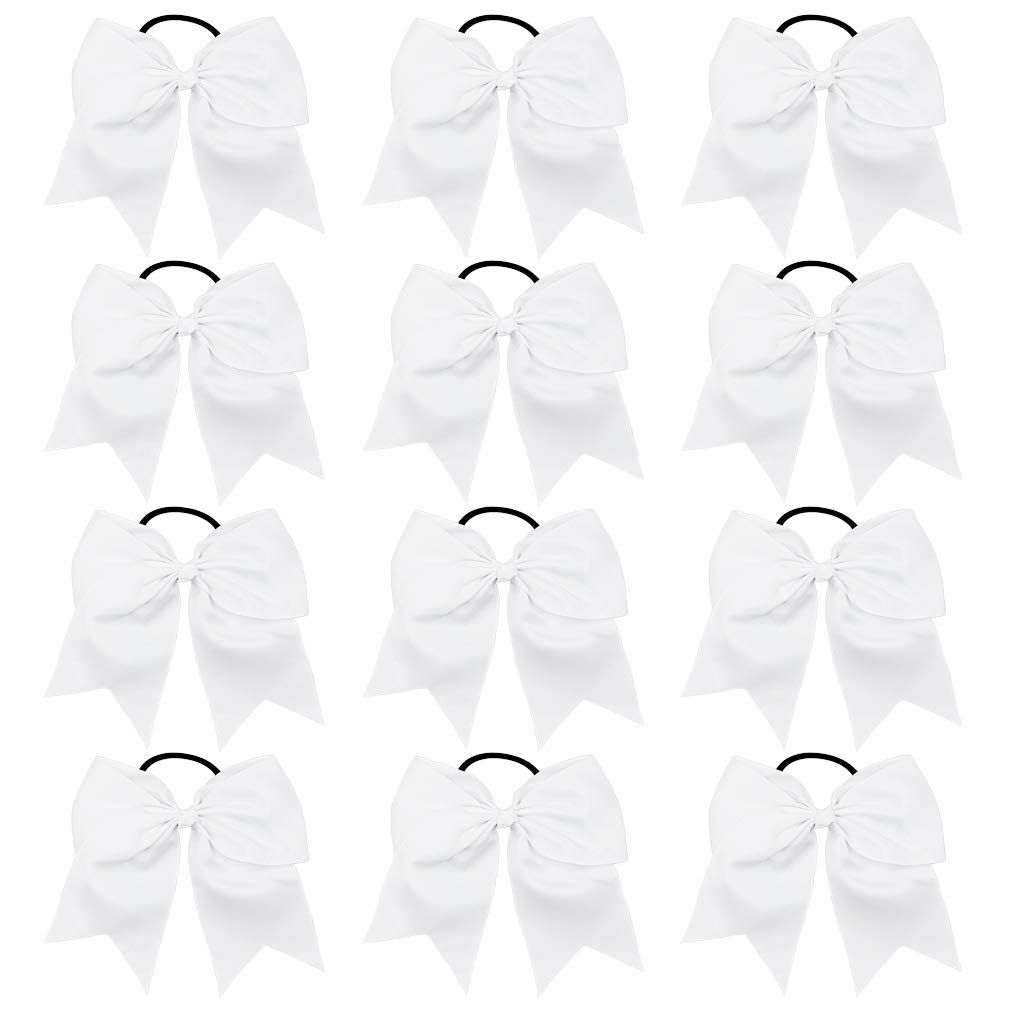DEEKA 12PCS 8&quot; Large Cheer Hair Bows Ponytail Holder Handmade for Teen Girls Softball Cheerleader Sports-White