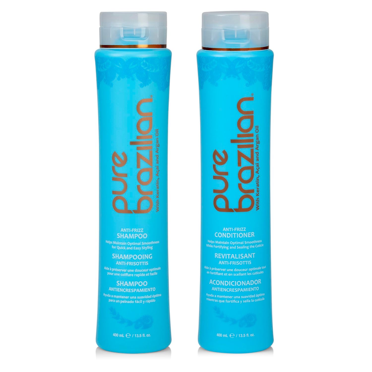 Pure Brazilian Anti-Frizz Daily Shampoo &amp; Conditioner, Salt-Free &amp; Color Safe, Enriched with Keratin, Argan Oil &amp; Acai, 13.5 Ounce (400 Milliliter)