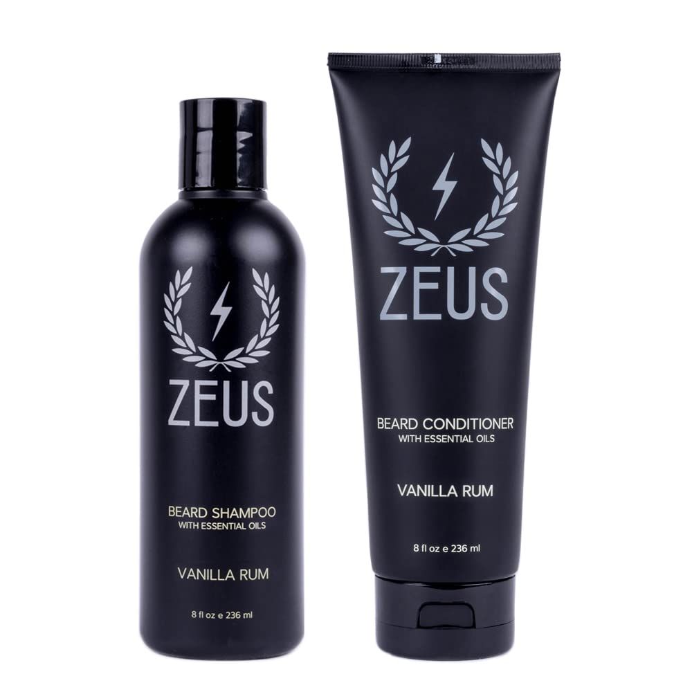 ZEUS Mens Beard Shampoo &amp; Beard Conditioner Set - US MADE - Soften, Hydrates, &amp; Moisturizes, Prevents Itching &amp; Flaking (Scent: Vanilla Rum)