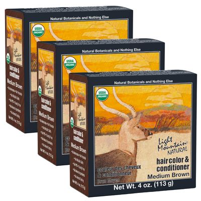 Light Mountain Henna Hair Color &amp; Conditioner - Medium Brown Hair Dye for Men/Women, Organic Henna Leaf Powder and Botanicals, Chemical-Free Semi-Permanent Hair Color, 4 Oz (Pack of 3)