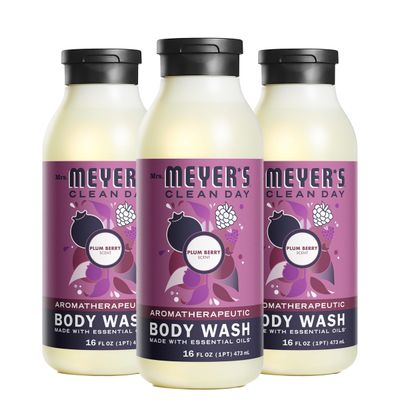 MRS. MEYER&#39;S CLEAN DAY Moisturizing Body Wash for Women and Men, Biodegradable Shower Gel Formula Made with Essential Oils, Plum Berry, 16 oz Bottle, Pack of 3