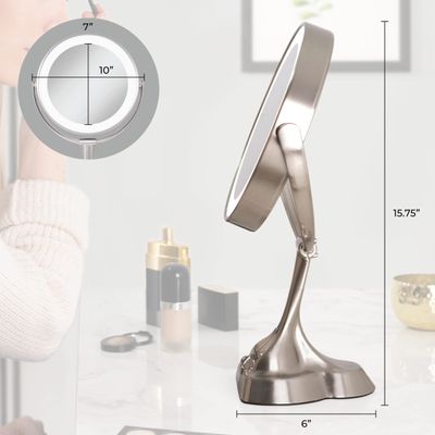 Zadro 9" Round Dimable 3 LED Light Color Dual-Sided Magnified Makeup Mirror, Touch Dimmer Control (Satin Nickel, 10X/1X)