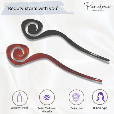 Parcelona French Swirl Cellulose Acetate Large Tortoise Shell and Black Bun Chignon Googie Style Hair Pins Sticks for Bun