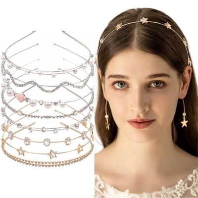 Yxiang 8PCS Crystal Headbands for Women, Pearls Flower Hairbands Fashion Rhinestone Headband Gold Sliver Metal Decorative Headpiece Headdress Kid Girl Women Bride
