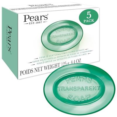 Pears Soap, Face &amp; Body Soap, Lemon Flower Extract - Pure &amp; Gentle Bar Soap, Transparent Moisturizing Glycerin Soap for Radiant, Glowing Skin, Oil Clearing Green Soap Bars, 4.4 Oz (Pack of 5)