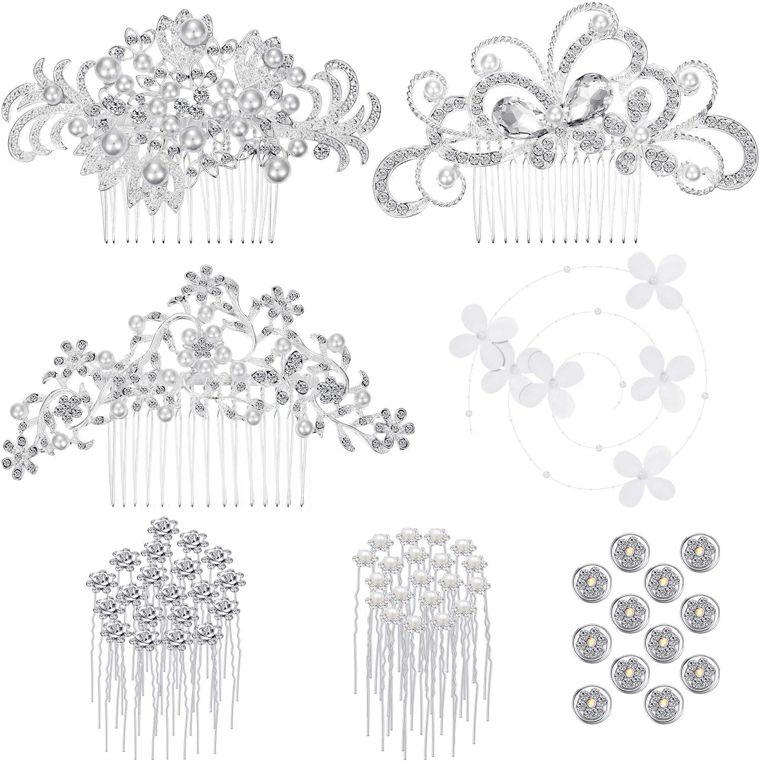 Boao 56 Pieces Wedding Hair Accessories Bridal HairPieces Crystal Rhinestone Hair Clips Bride Bridesmaid Flower U-shaped Glitter Headpiece Hair Combs